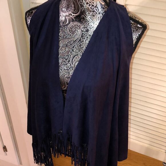 INC Boho Fringe Vegan Suede Vest in Deep Midnight 🕛 Blue. - Picture 4 of 9